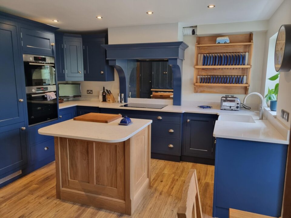 Take a look at this Bold Blue & Oak Kitchen bespoke built Kitchen. Call us to discuss your ideas. Suffolk, Essex. Hertfordshire